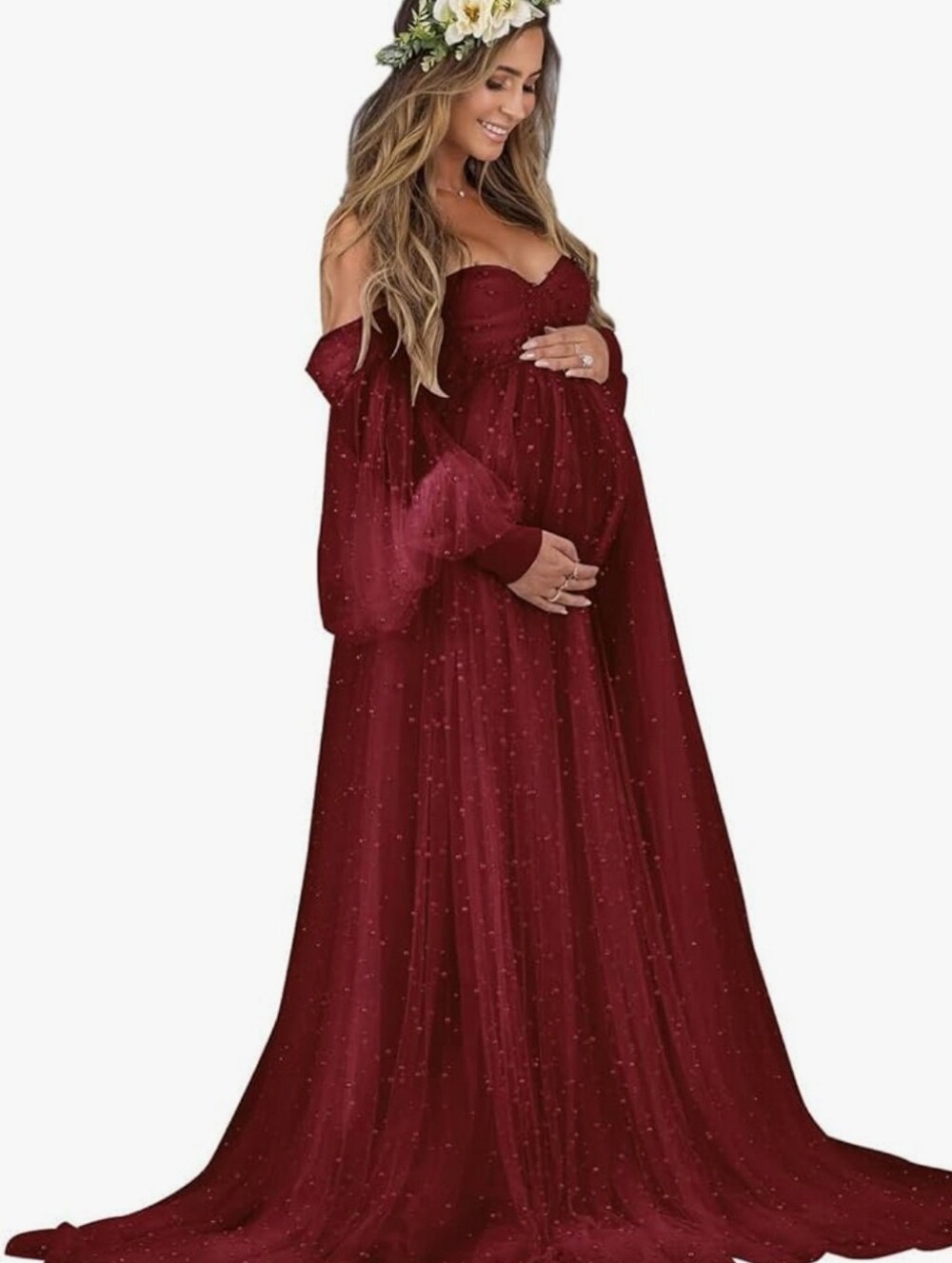 Burgandy Sheer Dress With Studded Plastic Pearls